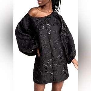 Arianne Elmy All Black Good Luck Dress XS Puff Sleeve Jacquard Mini